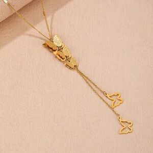 Gold Plated Stainless Steel Butterfly Charm Lariat Necklace